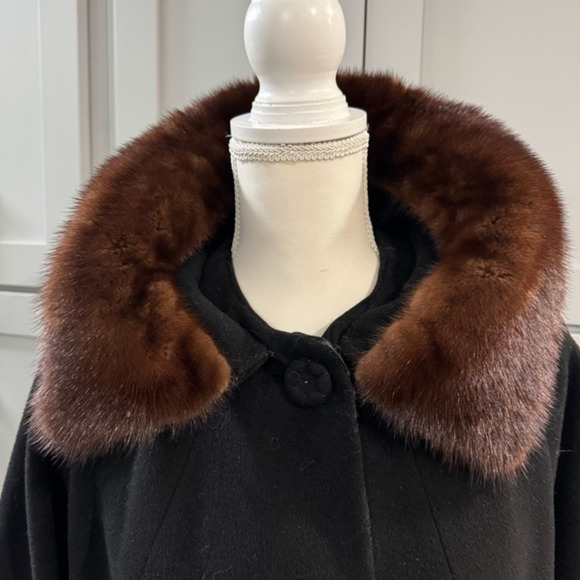 Vintage 1950s Women’s Black Dress Coat with‎ Fur Collar Hollywood Glamour Large - Picture 6 of 13